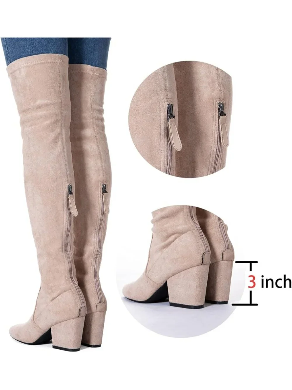 Women's Khaki 3 Inch Pointed Toe Chunky Block Heel Over The Knee High Boots